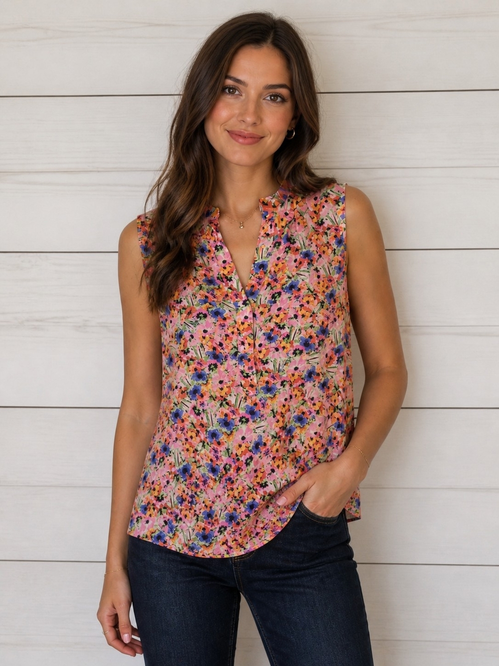 Banana Republic 100% Silk Pink Multi Floral Sleeveless Top Vacation Summer Beach
